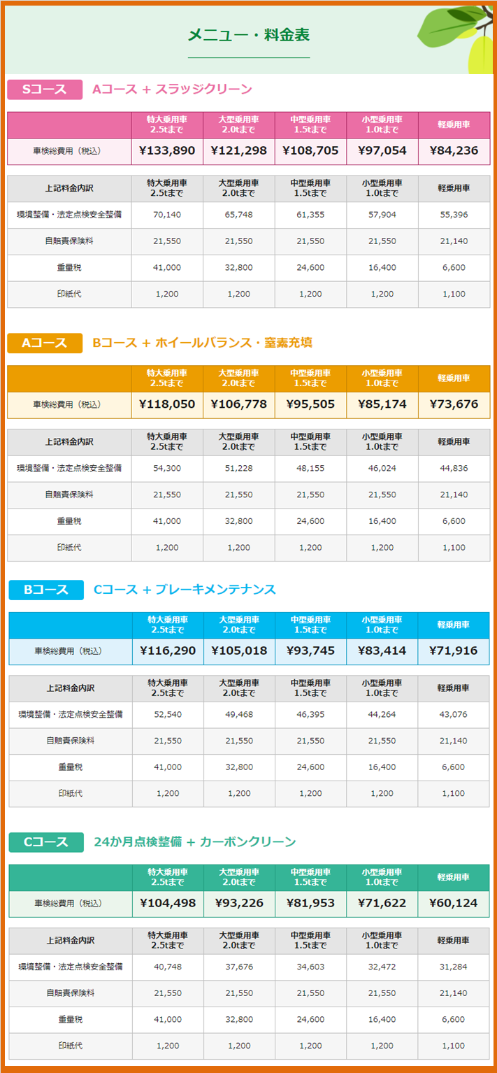 車検価格表